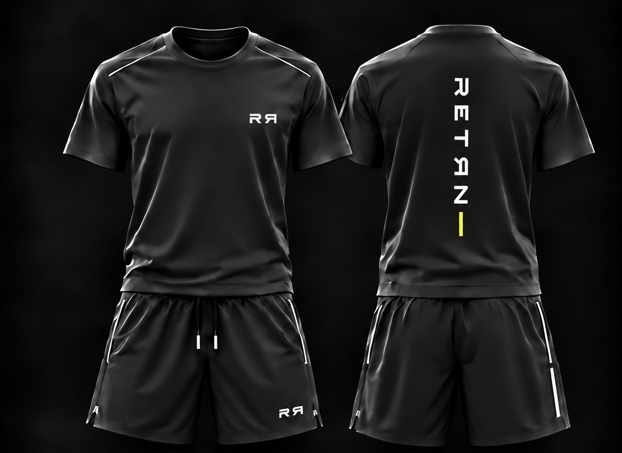 RETЯN charcoal performance shirt and shorts, front and back
